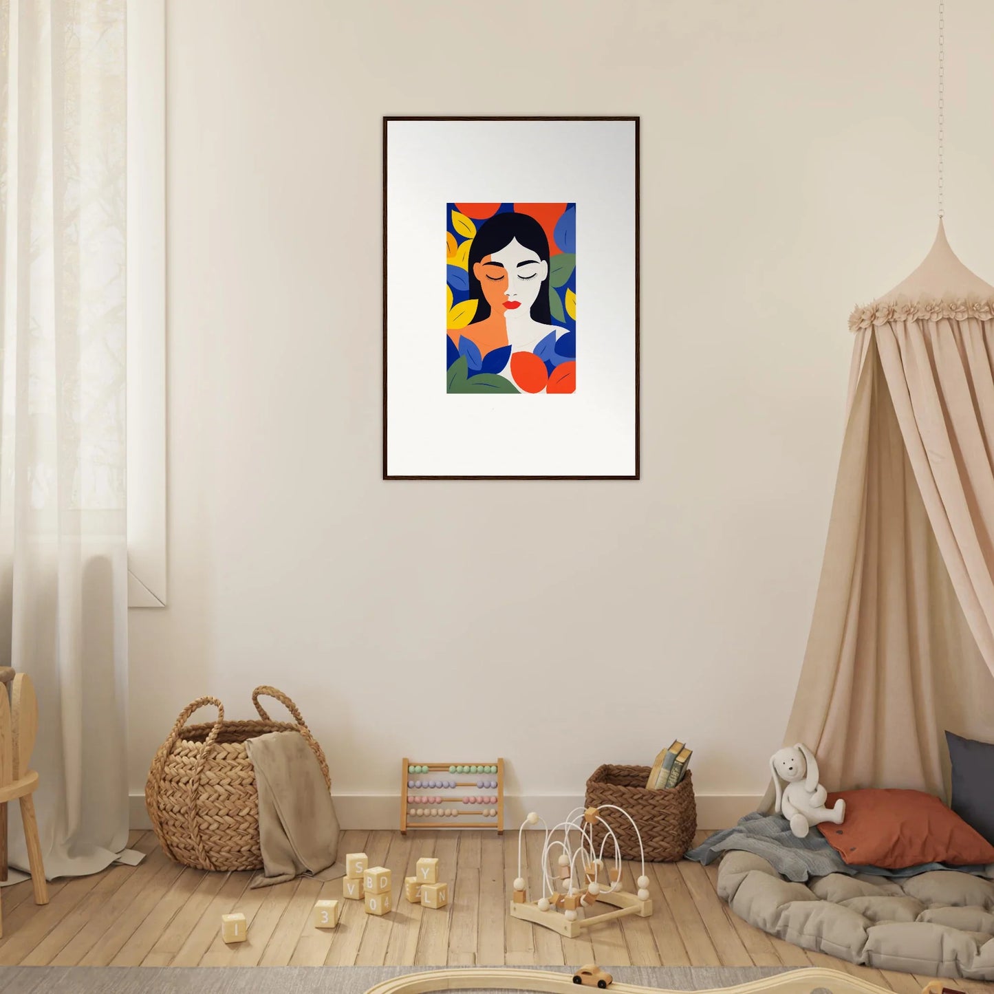 Colorful abstract portrait painting of a woman for unique room decor and framed wall art