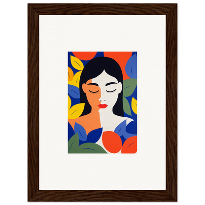 Colorful abstract portrait of a woman with leaves, perfect for room decor or framed wall art