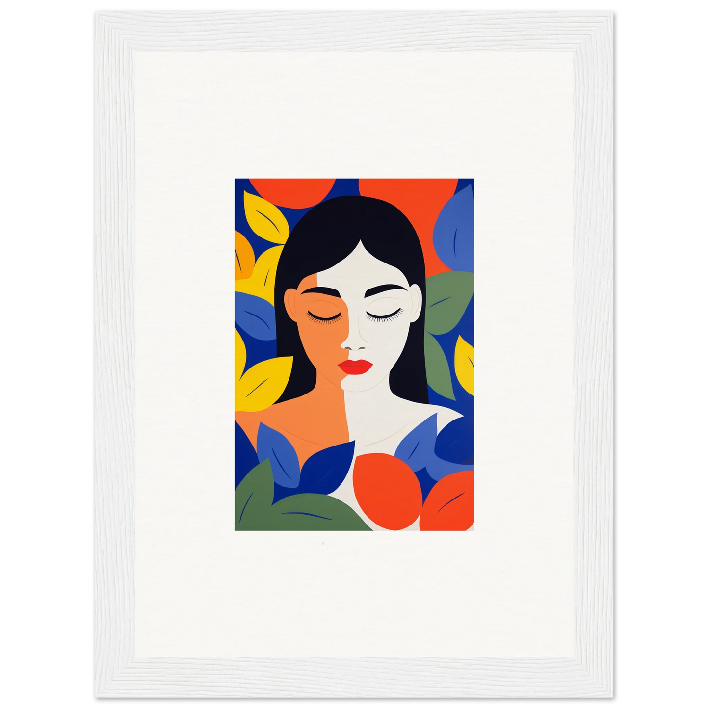 Colorful abstract portrait of a woman with leaves, perfect for room decor and canvas prints