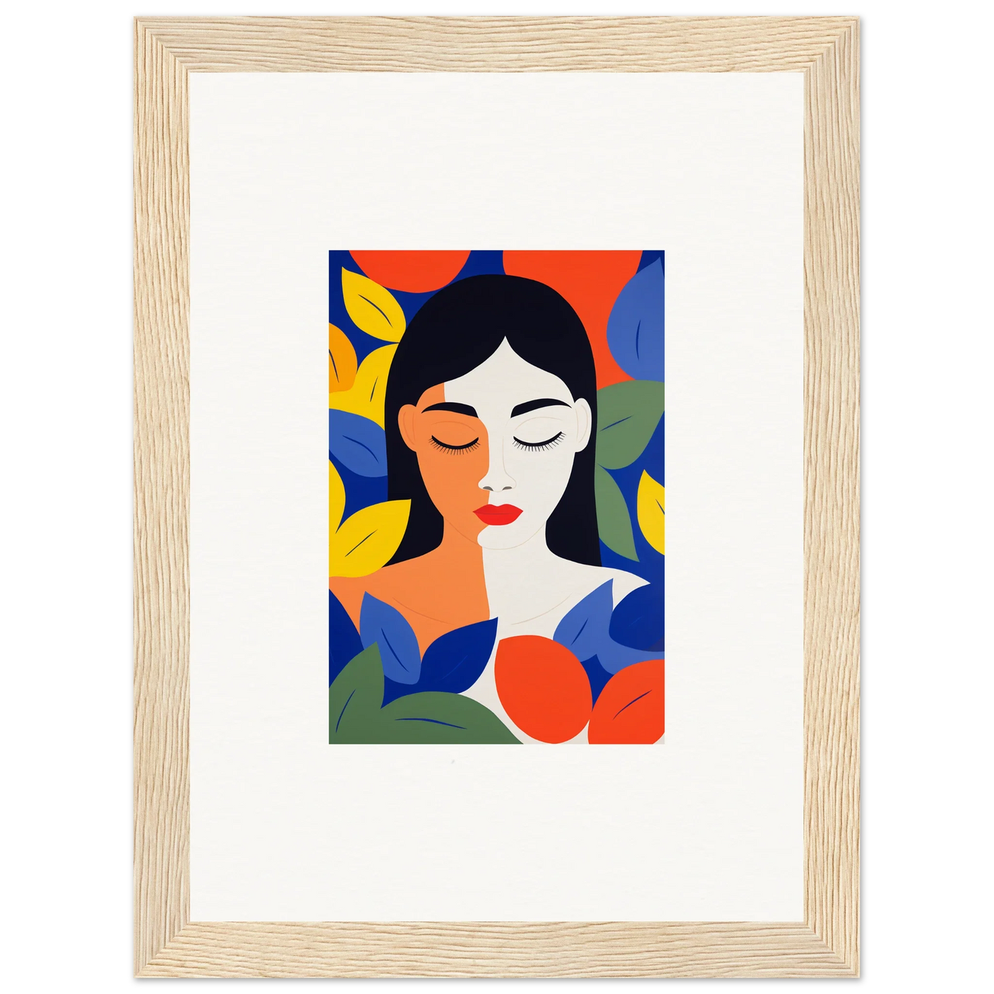 Colorful abstract portrait of a woman with leaves, perfect for room decor or framed wall art