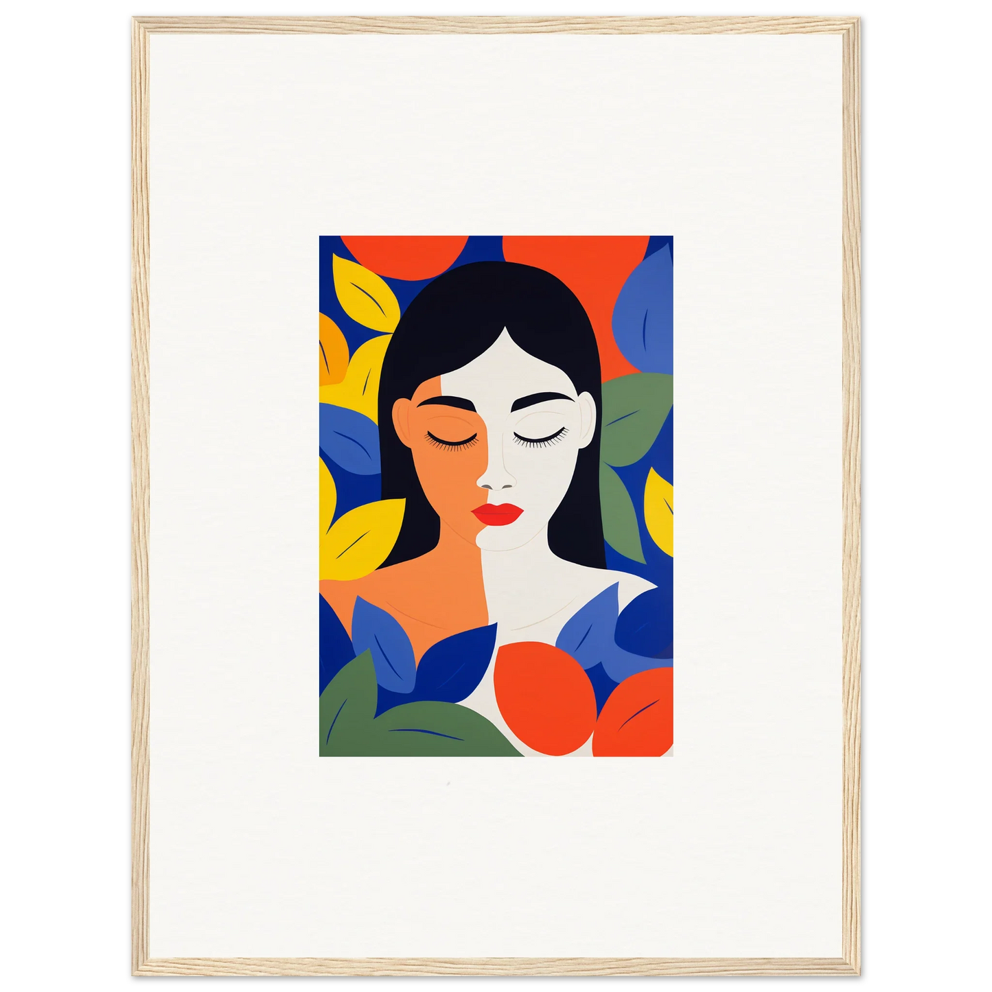 Colorful abstract portrait of a woman with leaves, ideal for room decor and framed wall art