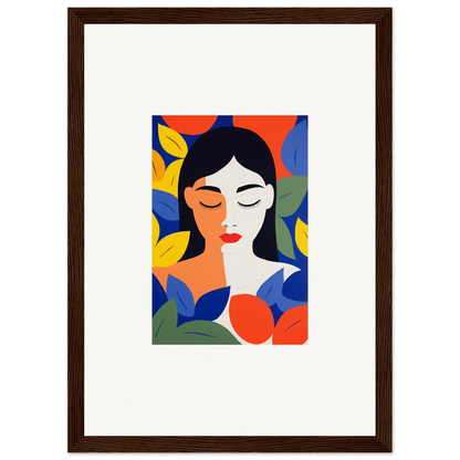 Colorful abstract portrait of a woman with stylized leaves, perfect for room decor