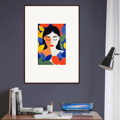 Colorful abstract portrait of a woman with flowers, perfect for framed wall art or room decor