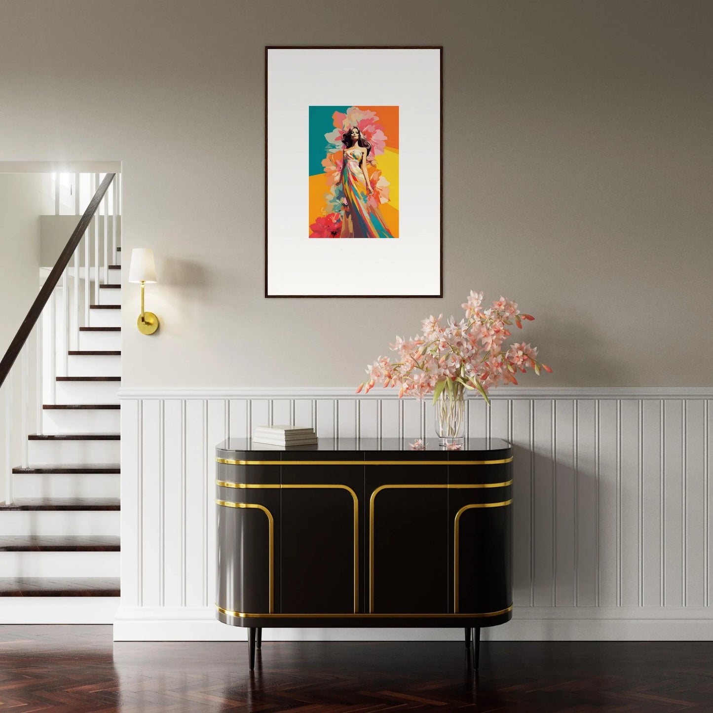 Colorful framed wall art featuring a figure with a camera in vibrant room decor