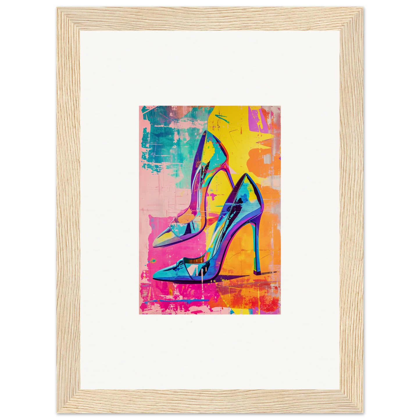 Colorful high-heeled shoes in vibrant pop art, perfect for Heels Reverie room decor