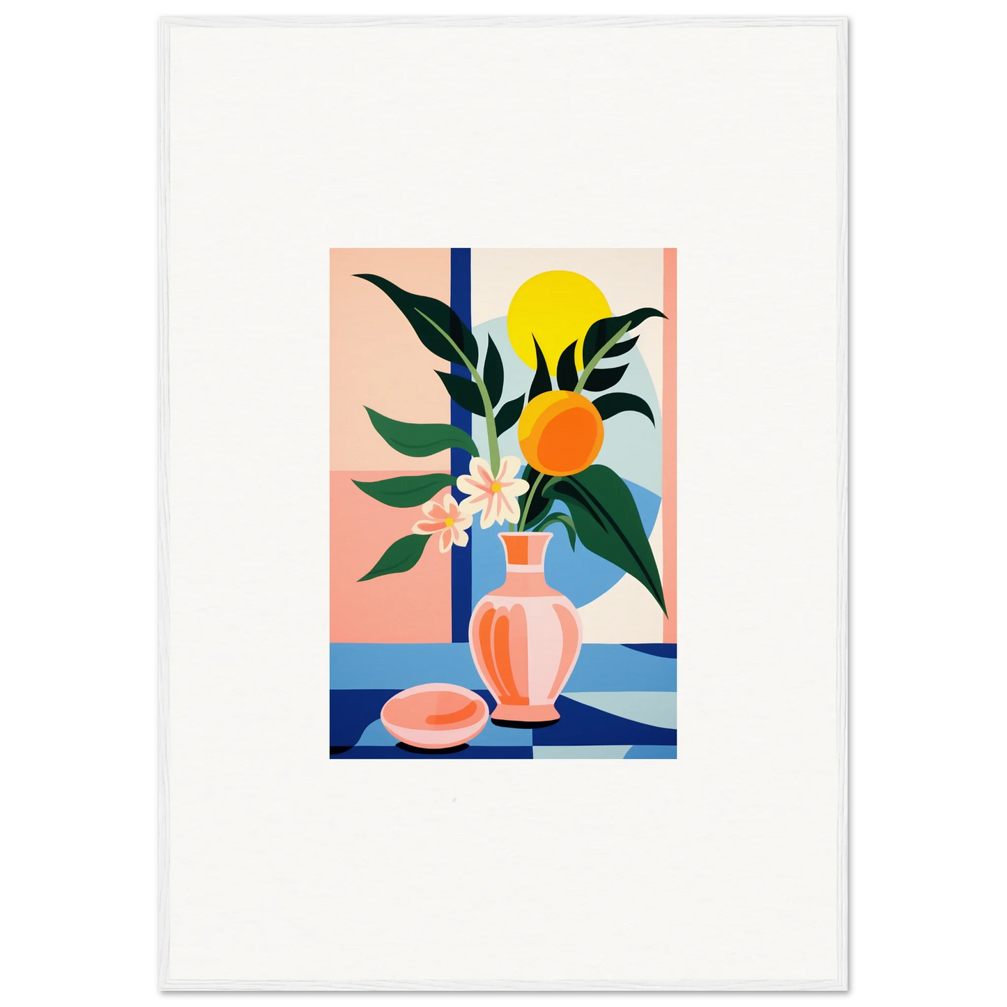 Colorful still life painting of a vase with flowers and fruit for stylish room decor