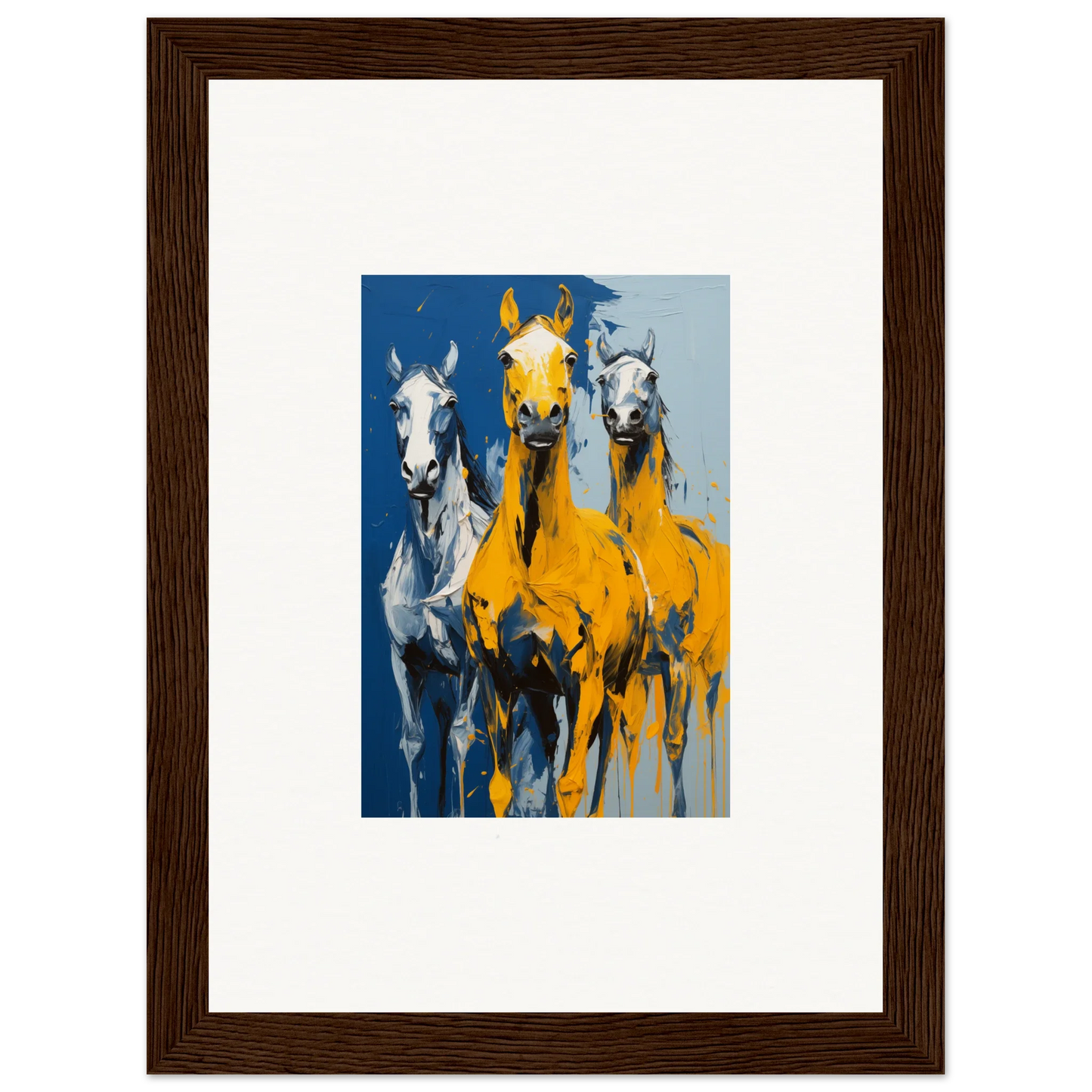 Colorful painting of three horses running, ideal for Eleven Sunrise room decor or framed wall art