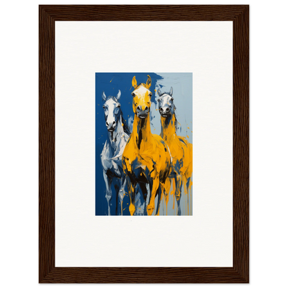 Colorful painting of three horses running, ideal for Eleven Sunrise room decor or framed wall art