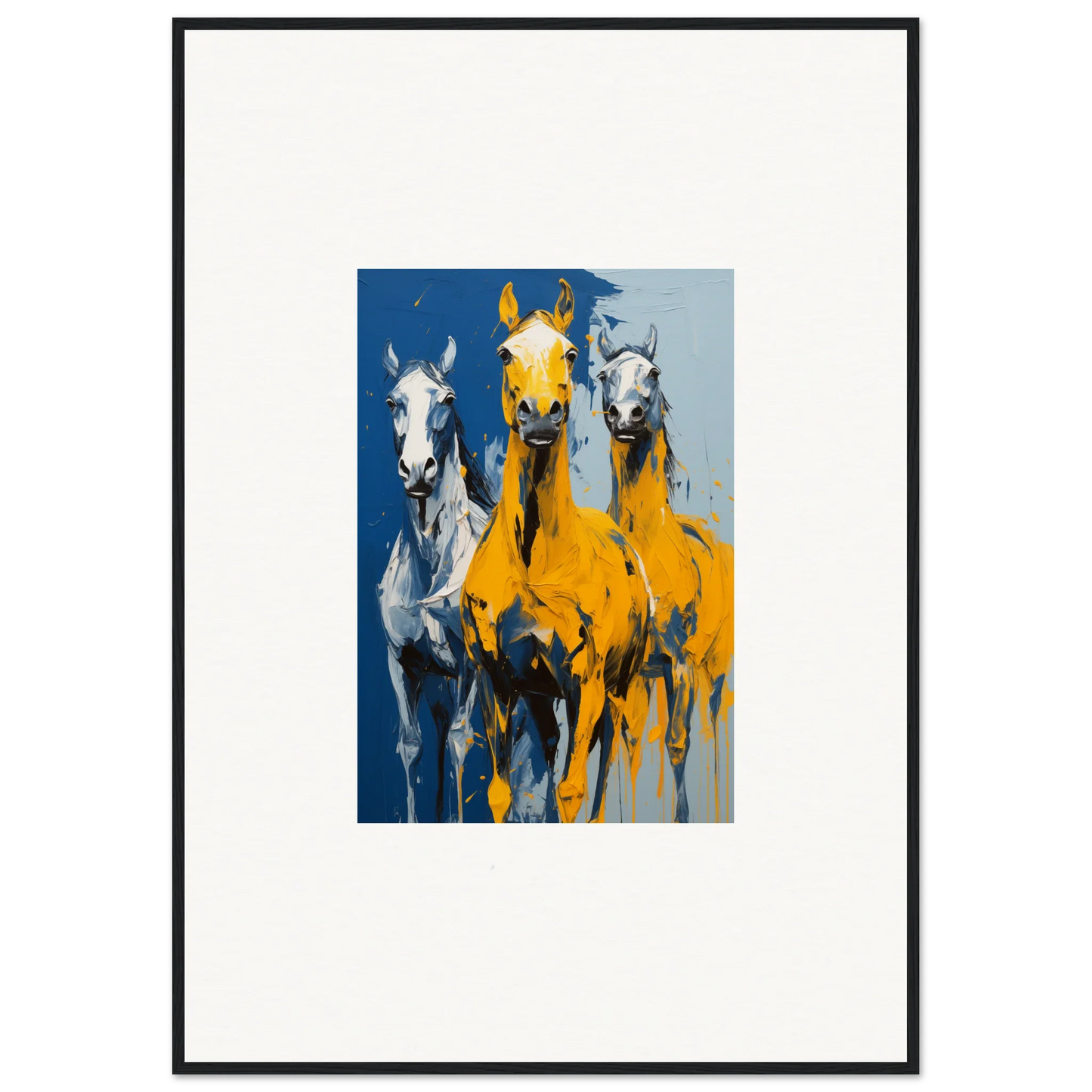 Colorful painting of three horses in blue and yellow for Eleven Sunrise room decor