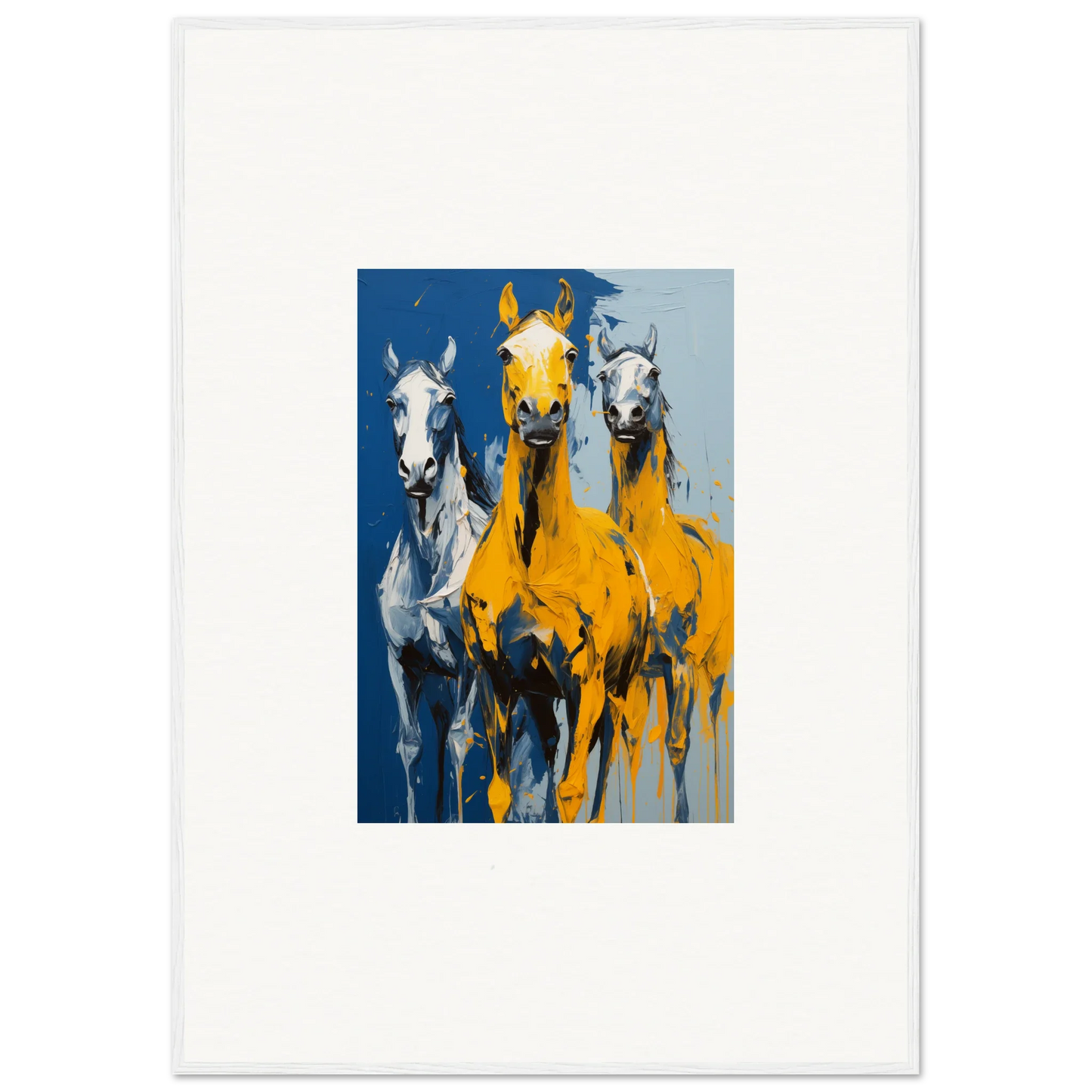 Colorful painting of three horses, including a yellow horse, for Eleven Sunrise room decor