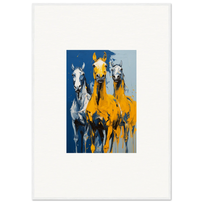 Colorful painting of three horses, including a yellow horse, for Eleven Sunrise room decor