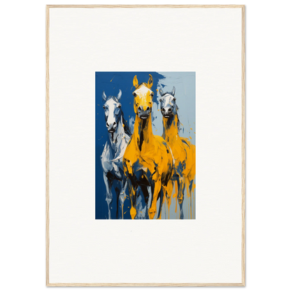 Colorful framed wall art of three horses, including a yellow one, for Eleven Sunrise room decor