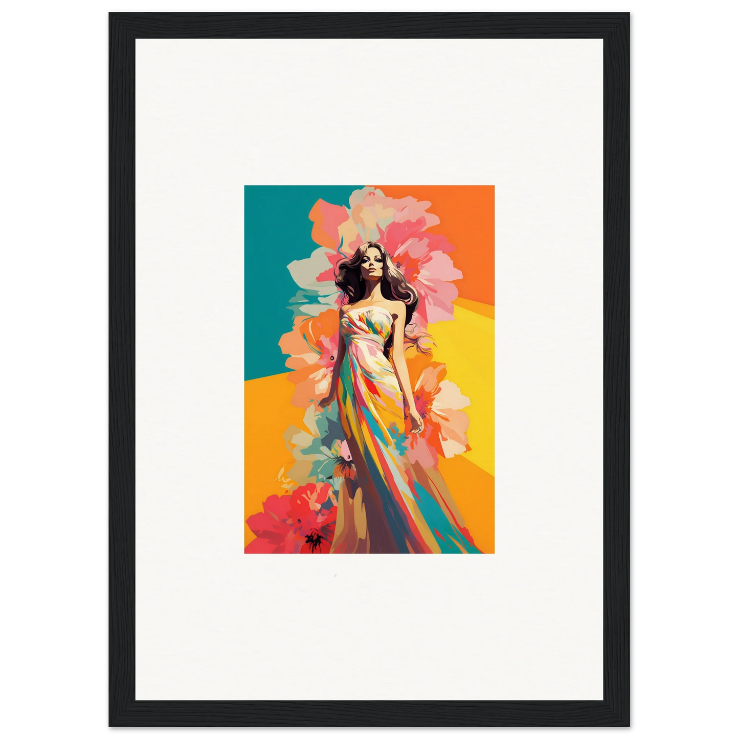 Colorful woman in flowing dress amidst abstract shapes, perfect for room decor or framed wall art