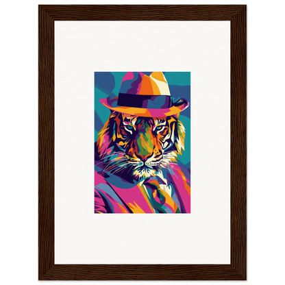 Colorful pop art tiger in fedora hat, perfect for framed wall art and enigma dissolve room decor