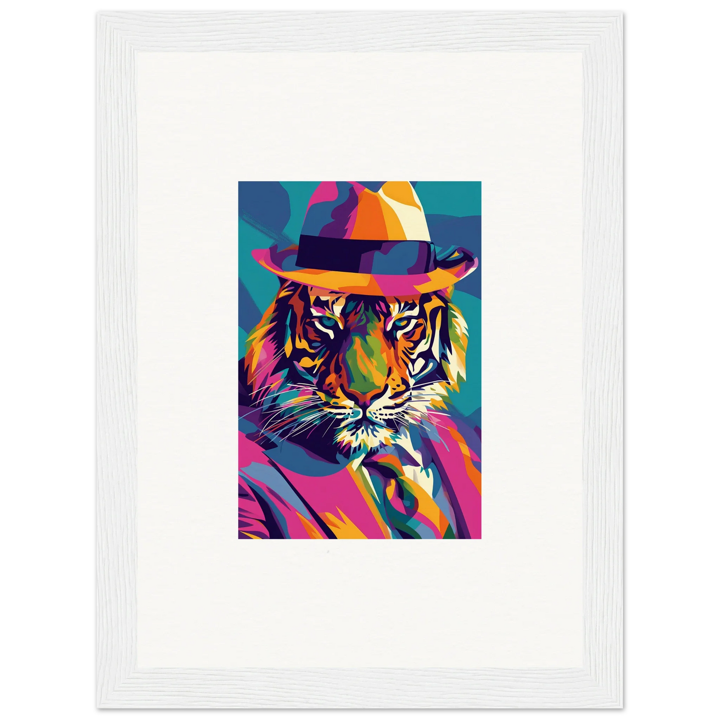 Colorful pop art tiger in a fedora for enigma dissolve room decor, framed wall art