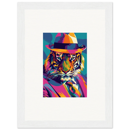 Colorful pop art tiger in a fedora for enigma dissolve room decor, framed wall art