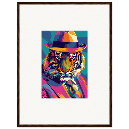 Colorful pop art-style tiger portrait in fedora, ideal for room decor and framed wall art