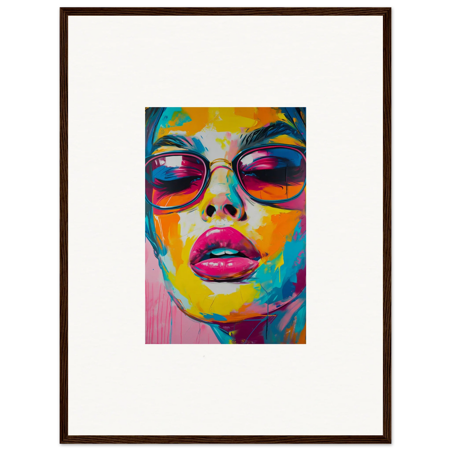 Colorful pop art face with sunglasses in Petal Spectra Parade framed wall art