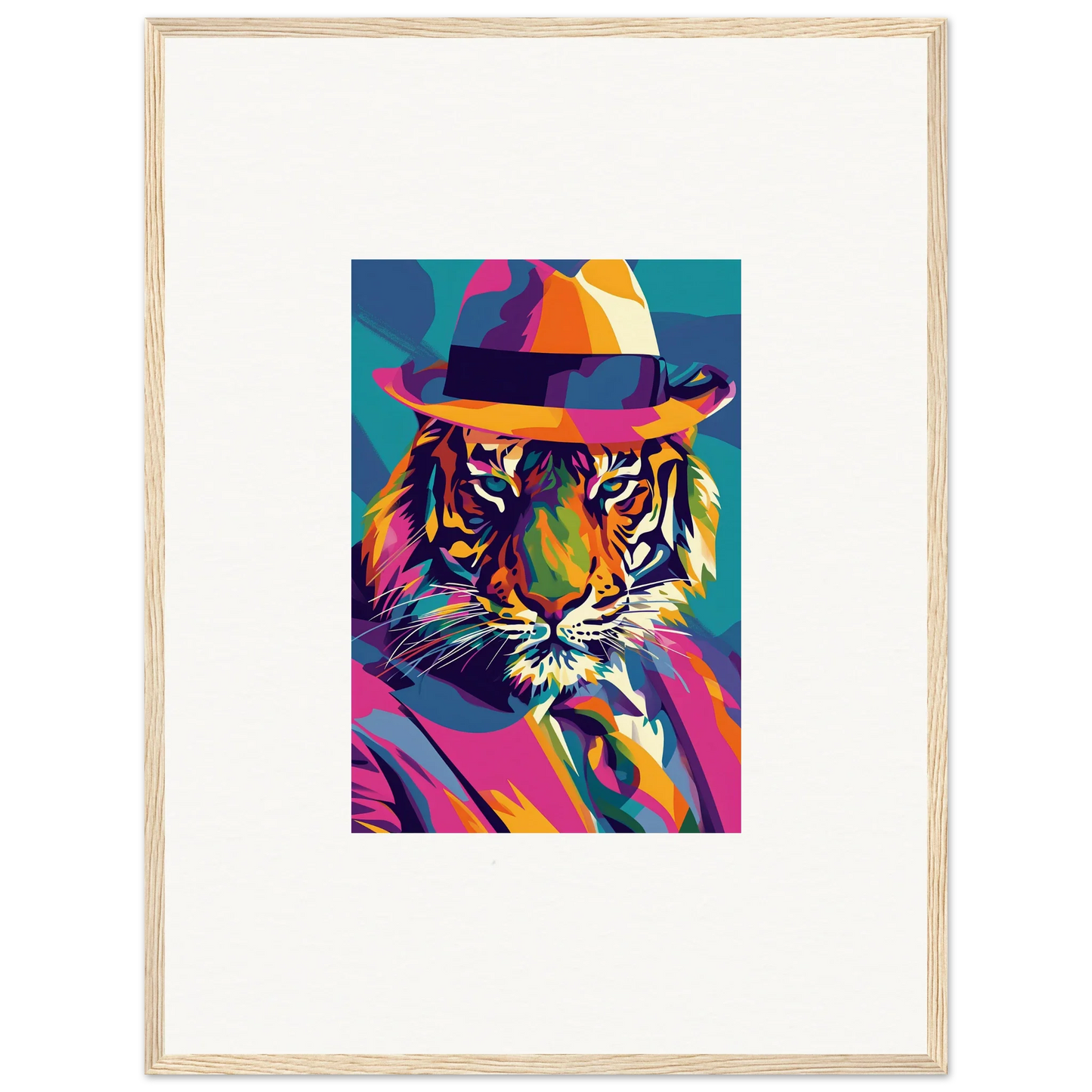 Colorful pop art tiger wearing a fedora hat for Enigma Dissolve room decor