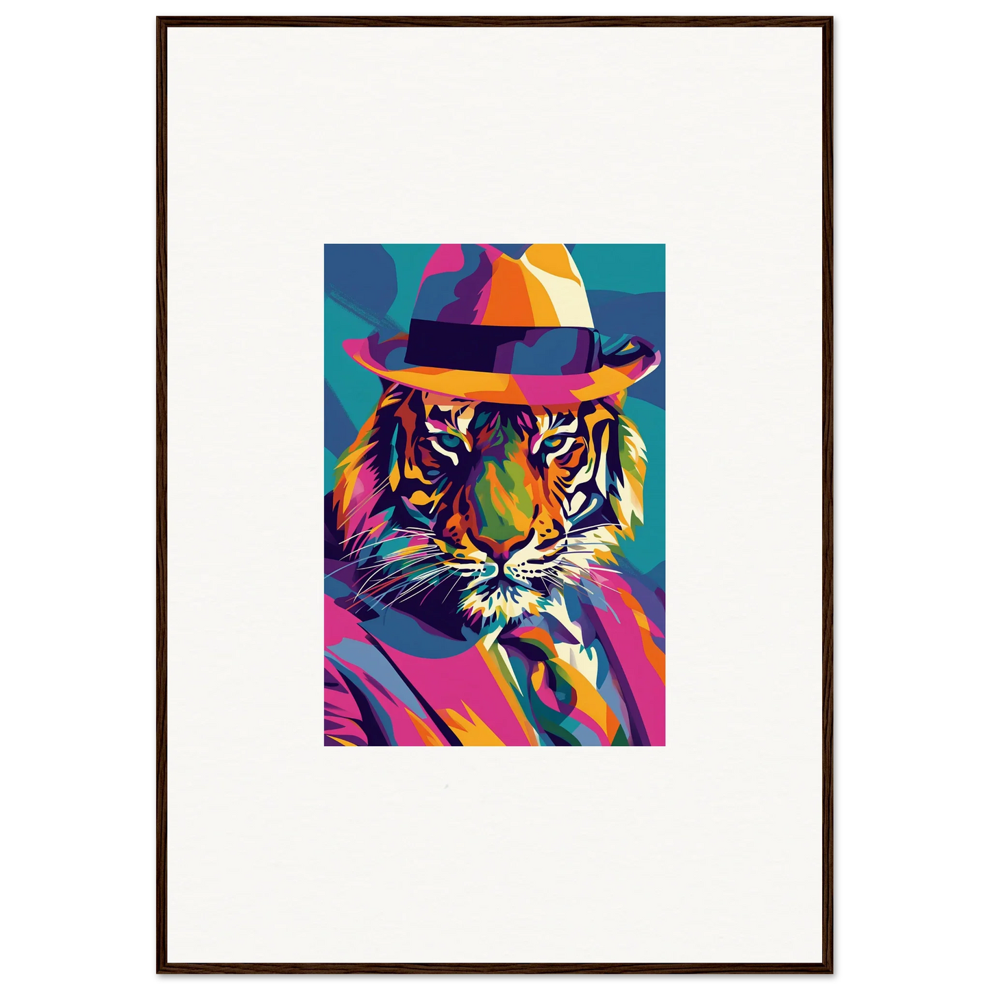 Colorful pop art tiger wearing a fedora, perfect for enigma dissolve room decor