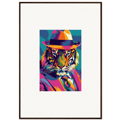 Colorful pop art tiger wearing a fedora, perfect for enigma dissolve room decor