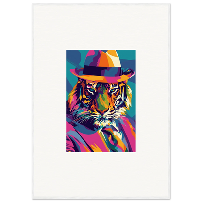 Colorful pop art tiger in a fedora for stylish room decor and framed wall art