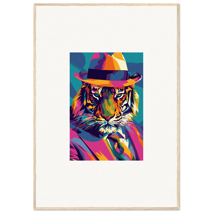 Colorful pop art tiger in a fedora for stunning room decor and Enigma Dissolve art