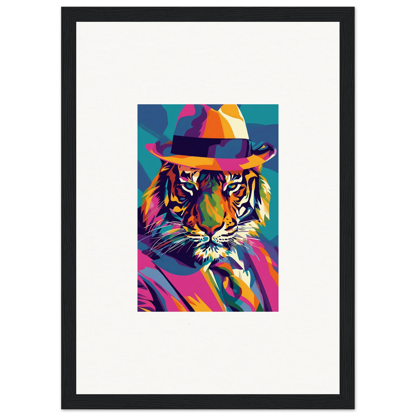 Colorful pop art-style tiger portrait with fedora hat for Enigma Dissolve room decor