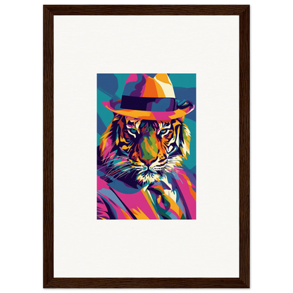 Colorful pop art tiger in fedora for enigma dissolve room decor framed wall art