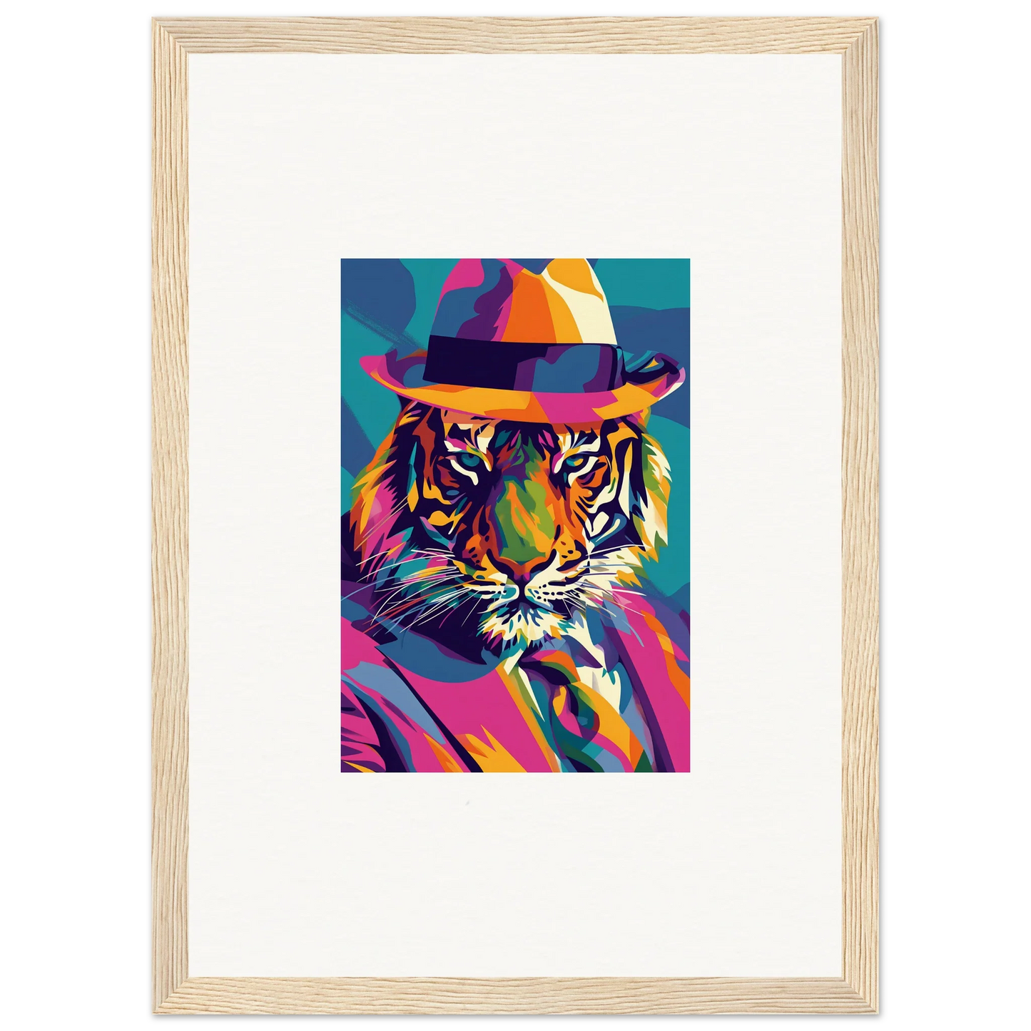 Colorful pop art tiger in fedora hat for Enigma Dissolve framed wall art decor