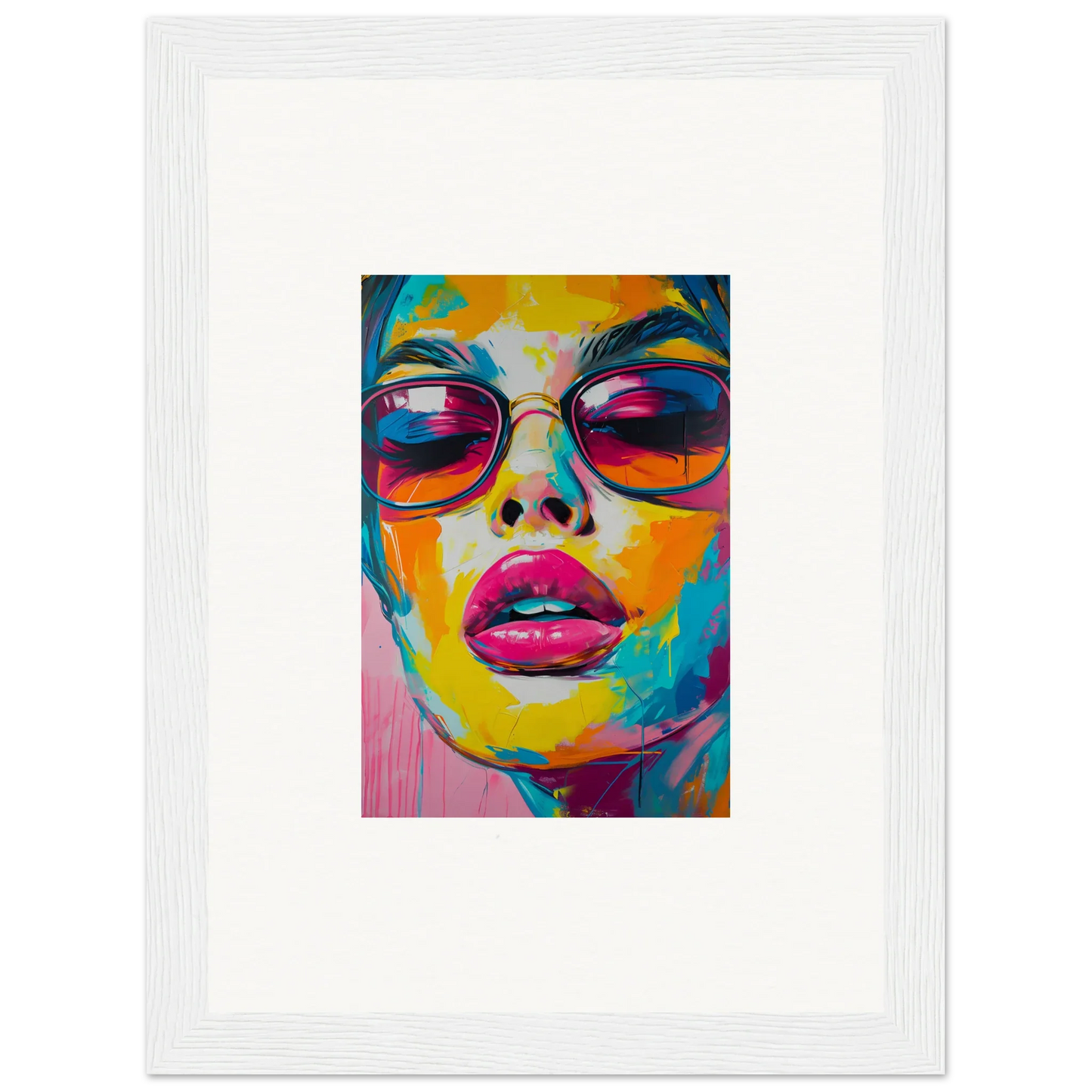 Colorful portrait painting of a face with sunglasses for Petal Spectra Parade room decor