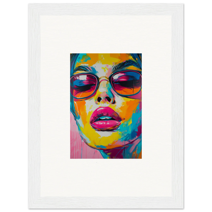 Colorful portrait painting of a face with sunglasses for Petal Spectra Parade room decor