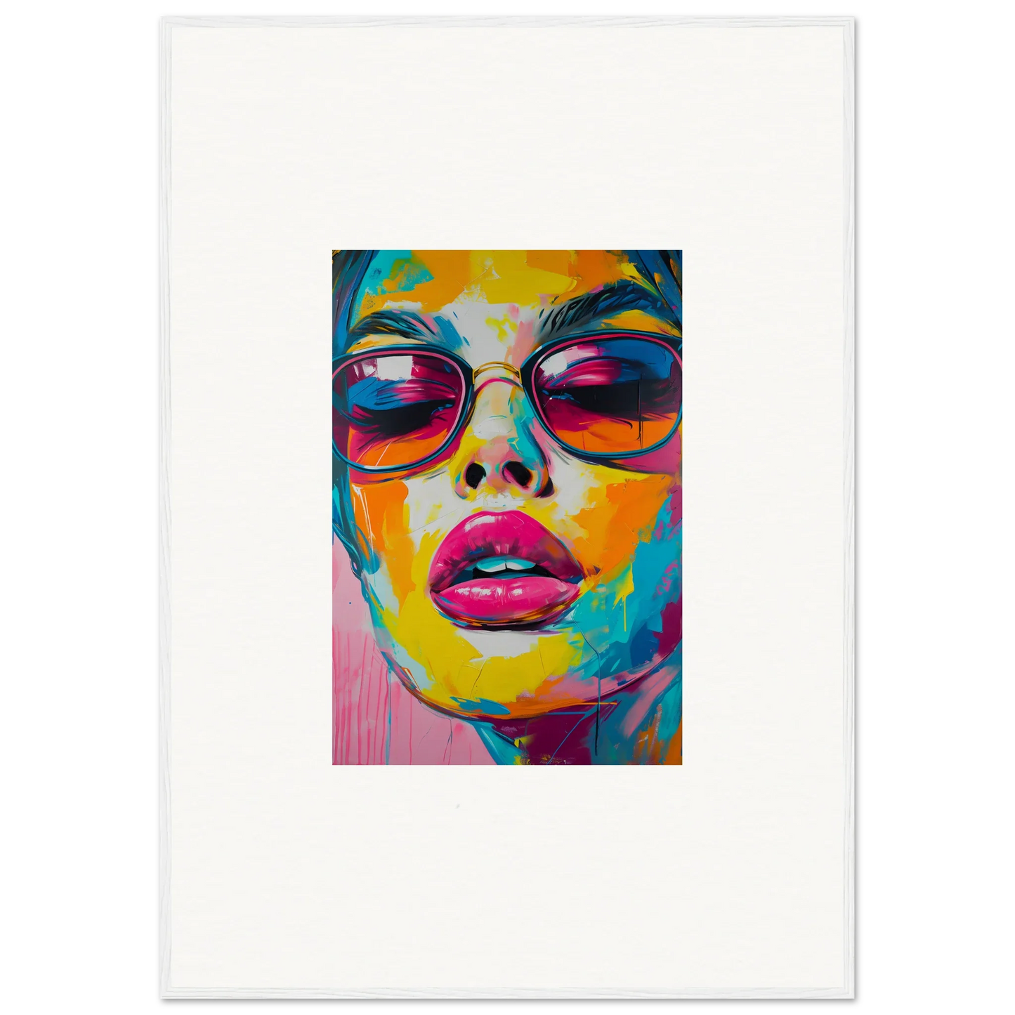 Colorful portrait painting with sunglasses and pink lips for Spectra Parade room decor