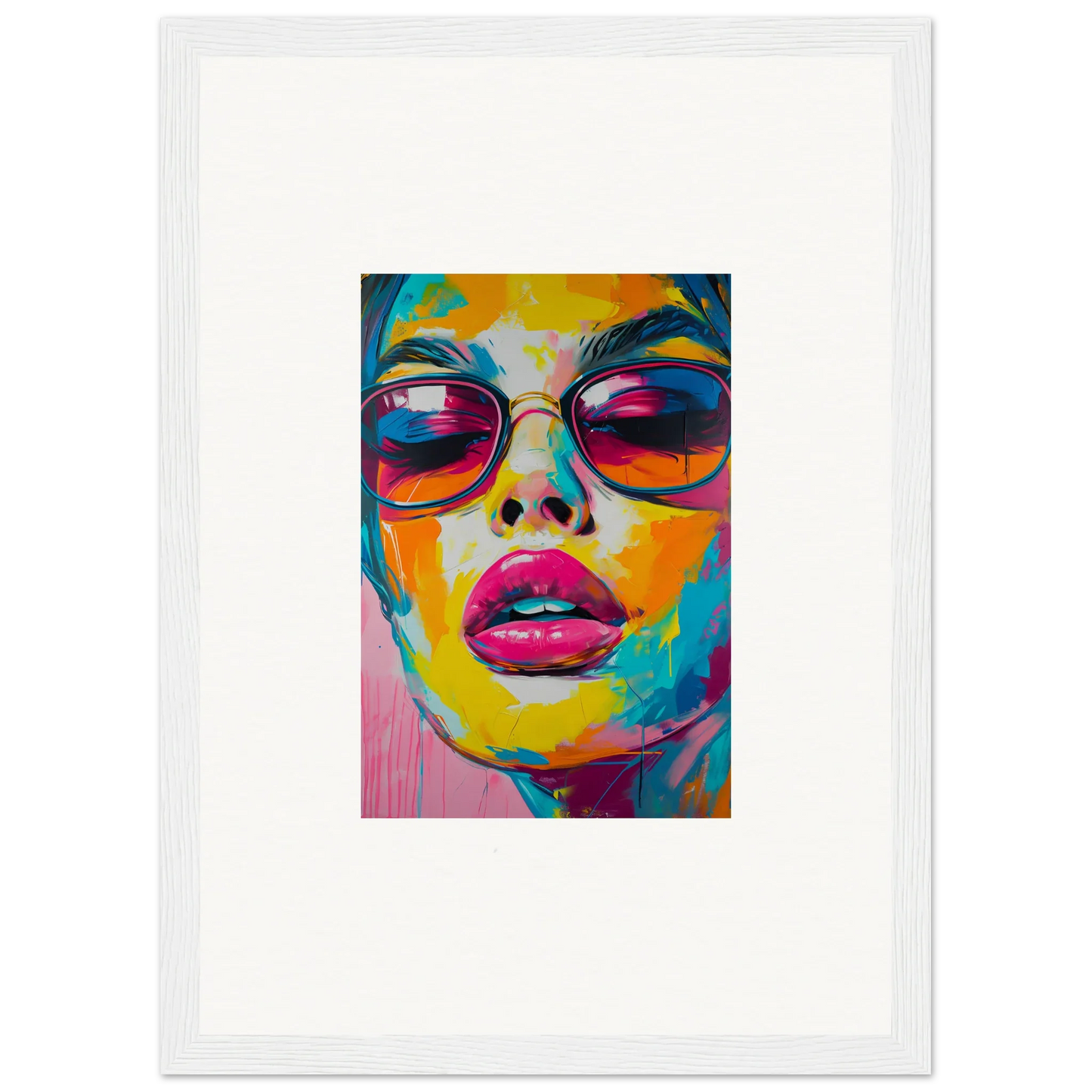 Colorful portrait of a face with sunglasses and pink lips, perfect for Petal Spectra Parade room decor