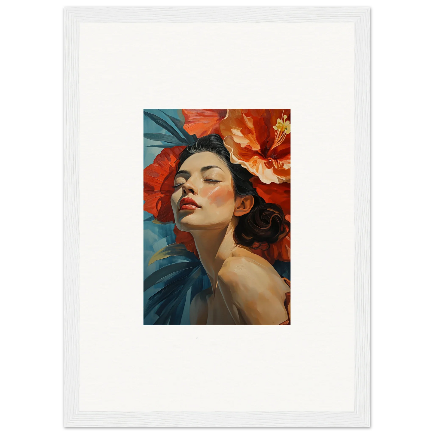 Colorful portrait of a woman with flowers, perfect for petal palpitation room decor