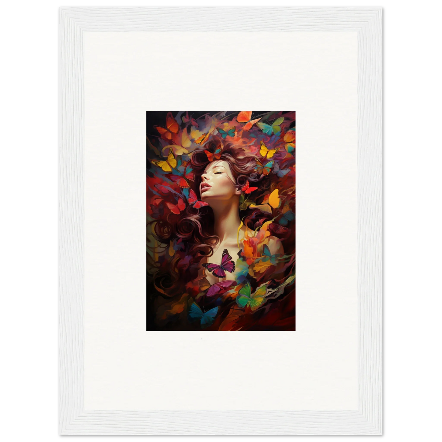 Colorful portrait of a woman with butterflies, ideal for Dream Cascade room decor