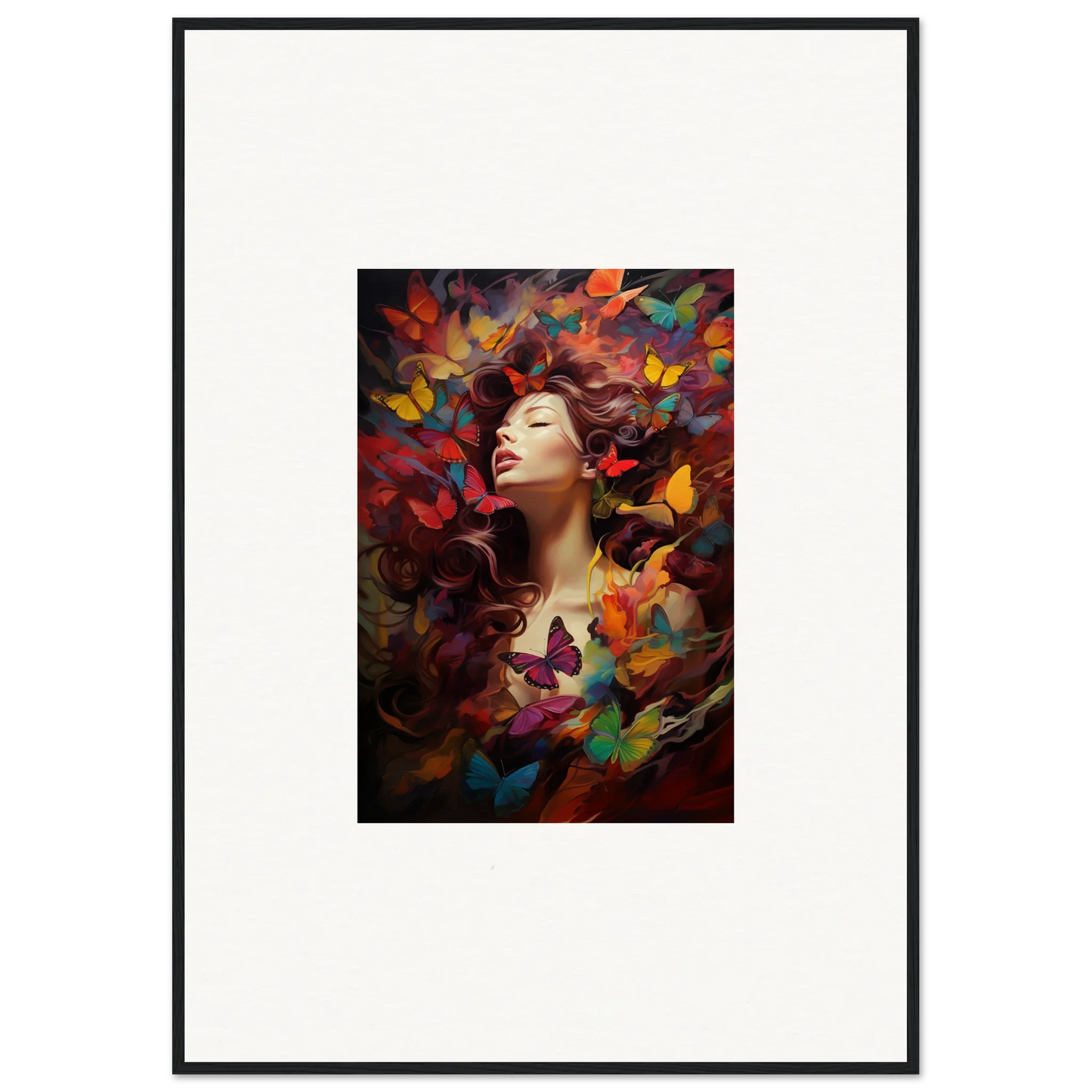 Colorful portrait of a woman with vibrant butterflies for dream cascade room decor