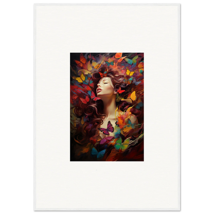 Colorful portrait of a woman with butterflies in a dreamy cascade for room decor