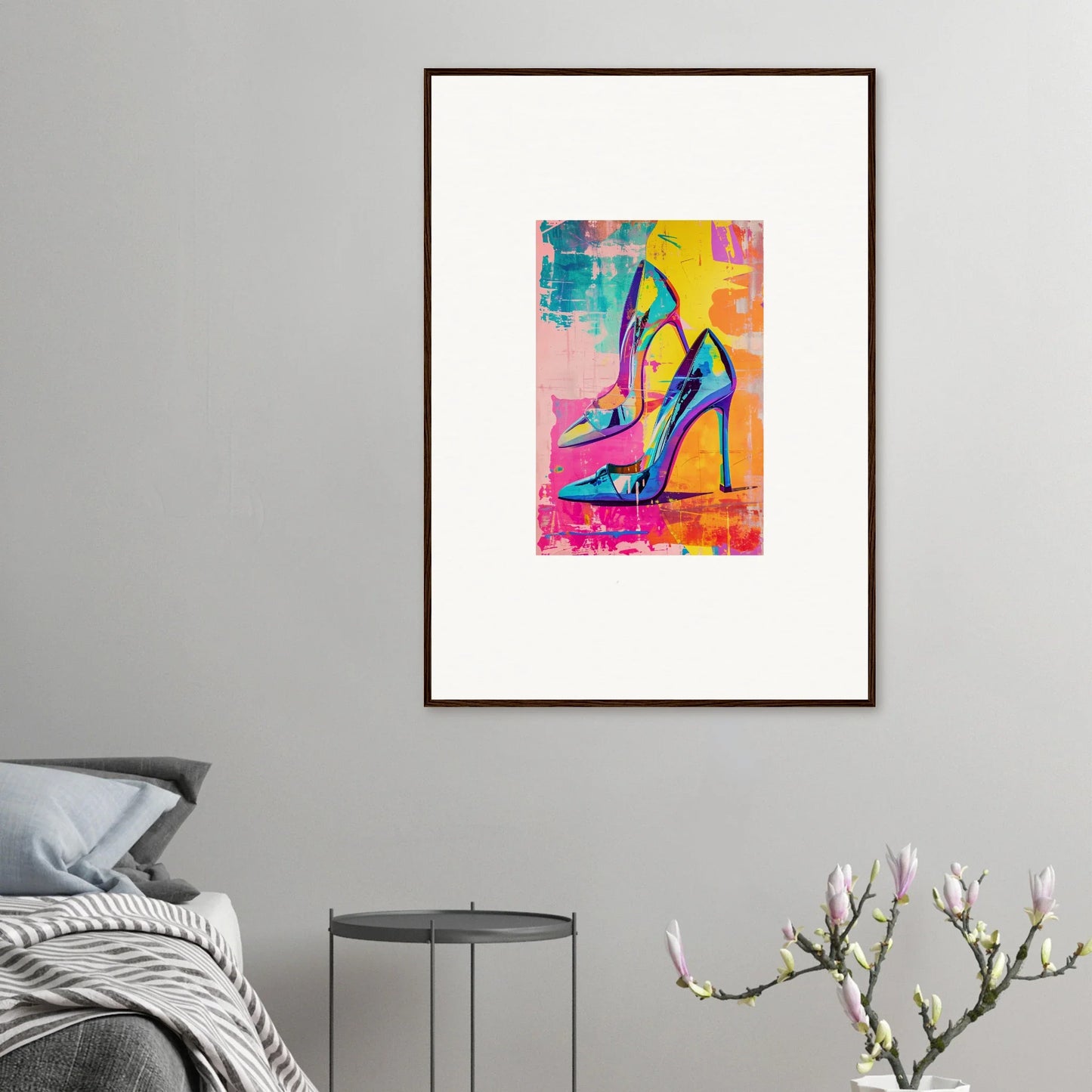 Colorful painting of a high-heeled shoe for Heels Reverie framed wall art