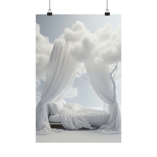 Four-poster bed draped with billowing white fabric against a cloudy sky backdrop.