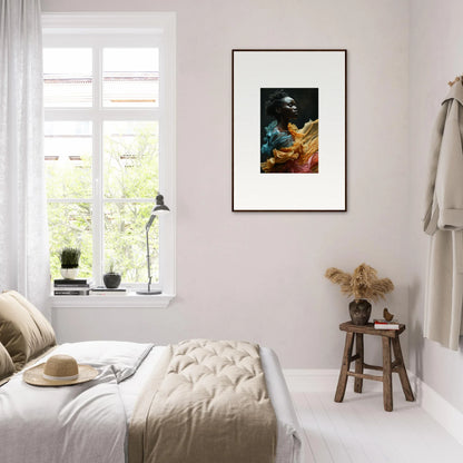 Cozy bedroom with a framed abstract artwork on the wall.