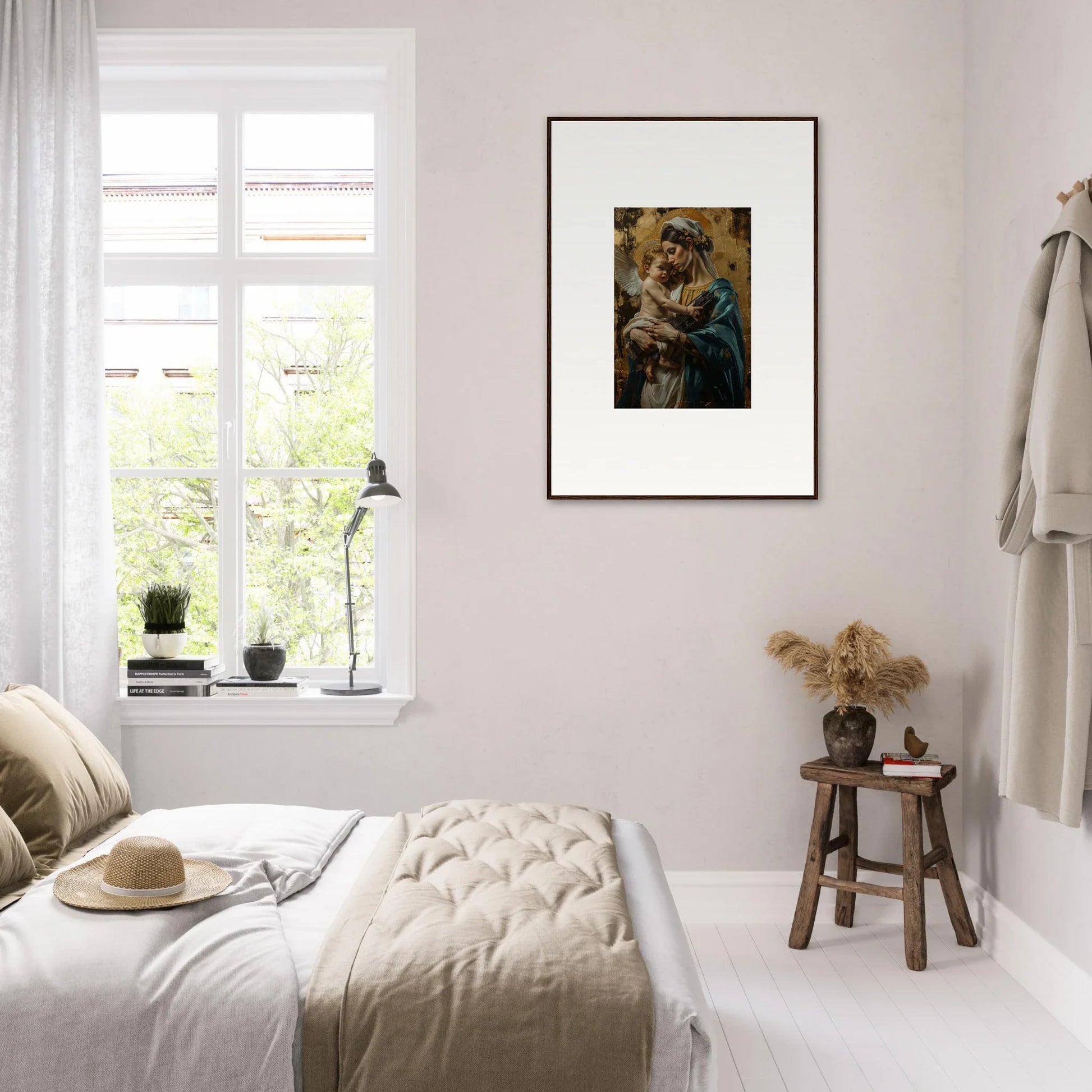 Cozy bedroom featuring framed wall art for elegant room decor with metallic lullabies