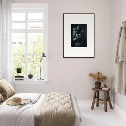 Cozy bedroom with neutral decor featuring framed wall art and canvas prints