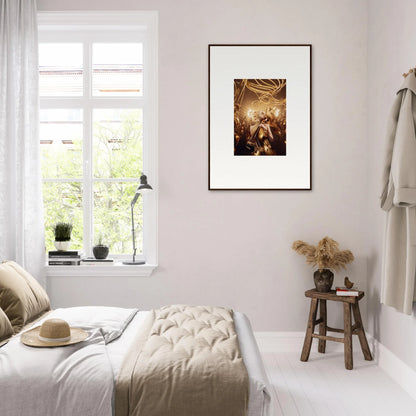 Cozy bedroom with neutral decor featuring Harmony Enigma framed wall art