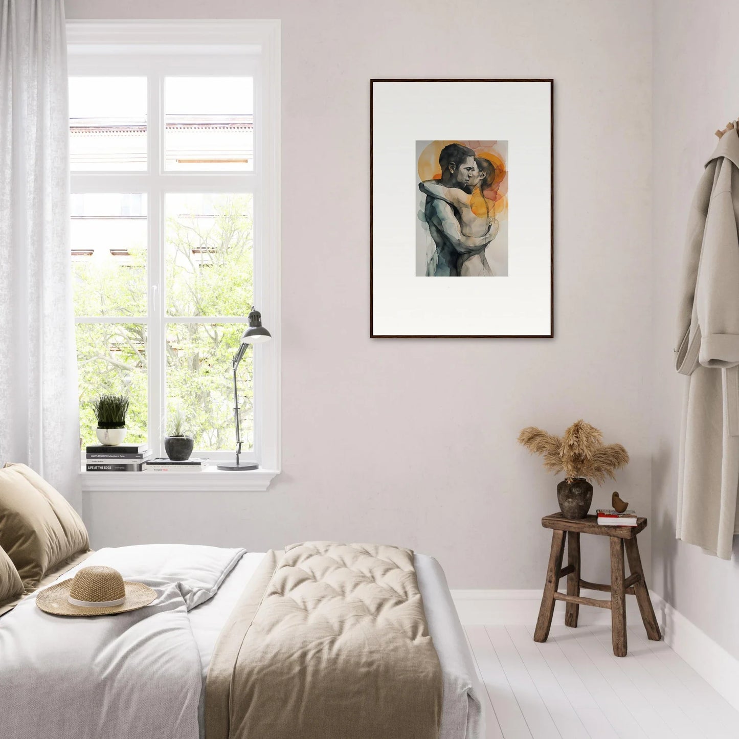 Cozy bedroom showcasing neutral room decor and framed wall art inspired by Morning Dichotomy