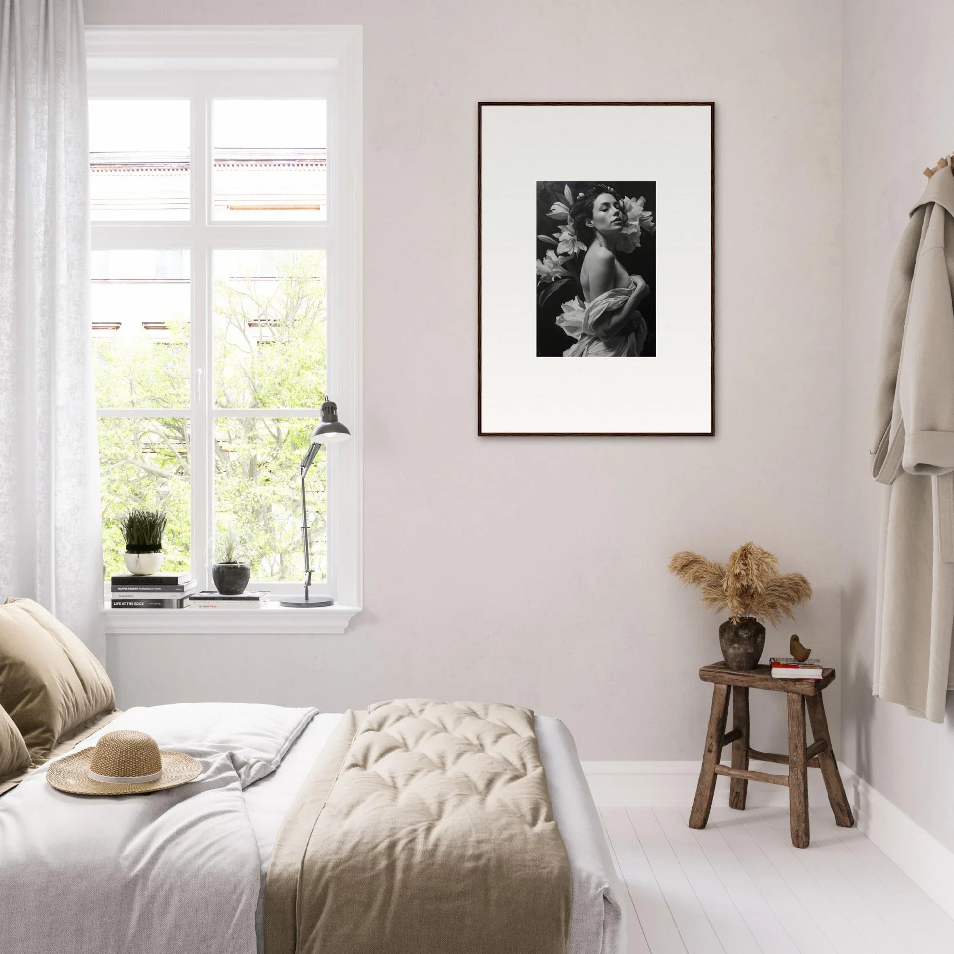 Cozy bedroom with neutral decor and framed wall art for a Vineyard Enigma feel