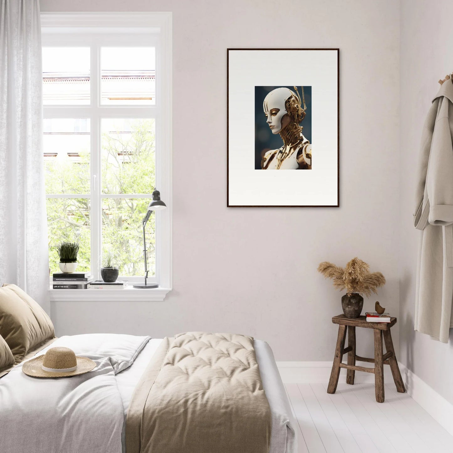 Cozy bedroom with neutral decor and framed wall art of a dog, showcasing Whiskey Obedient style