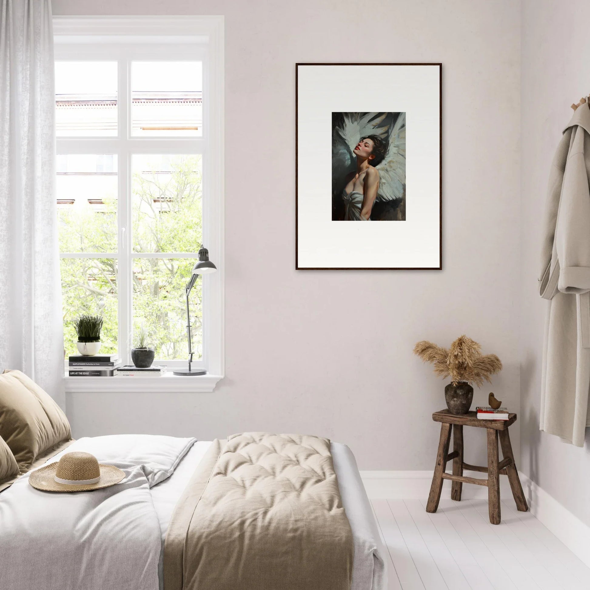 Cozy bedroom with neutral decor and framed wall art showcasing feathered elegance