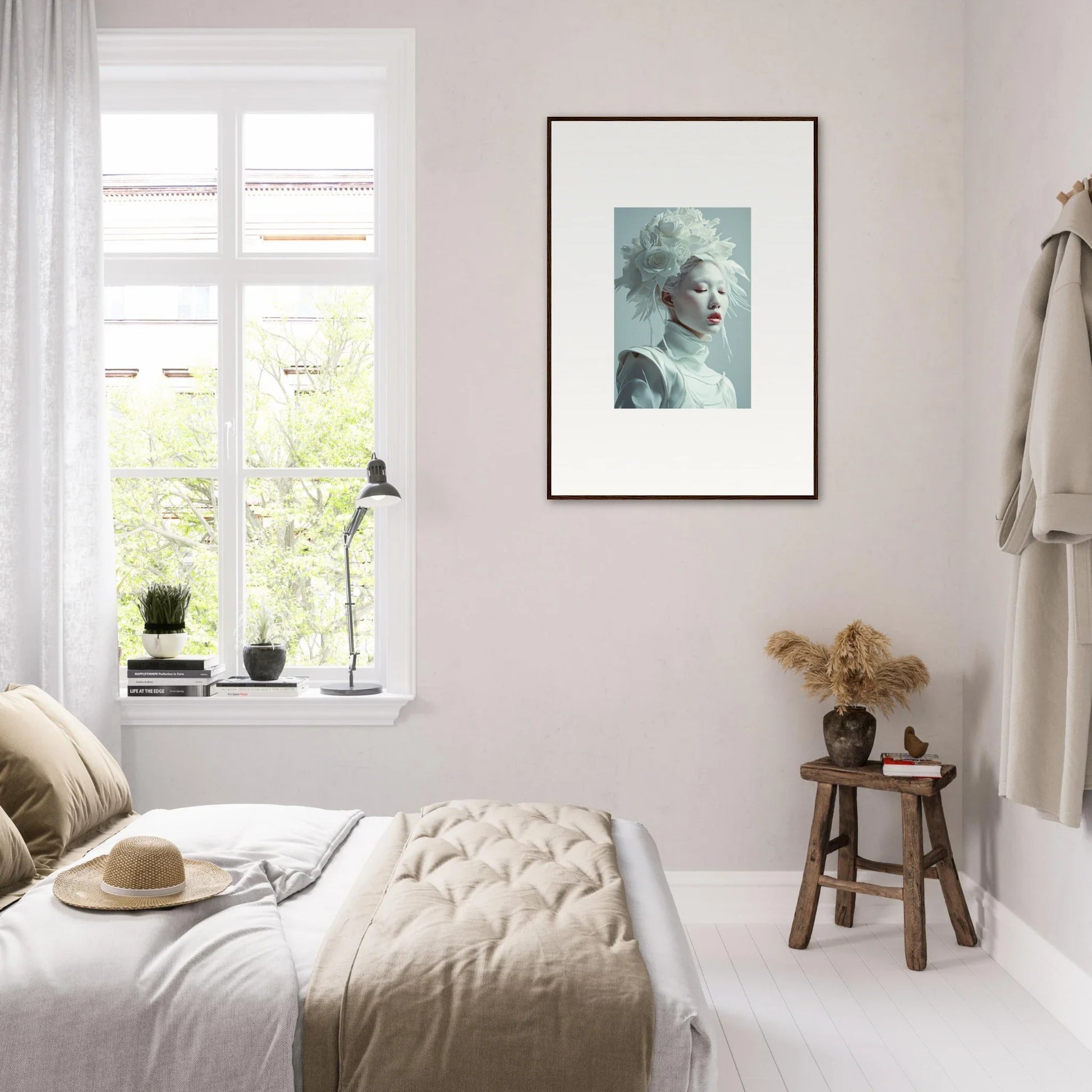 Cozy bedroom with neutral decor and framed wall art of a florid creature