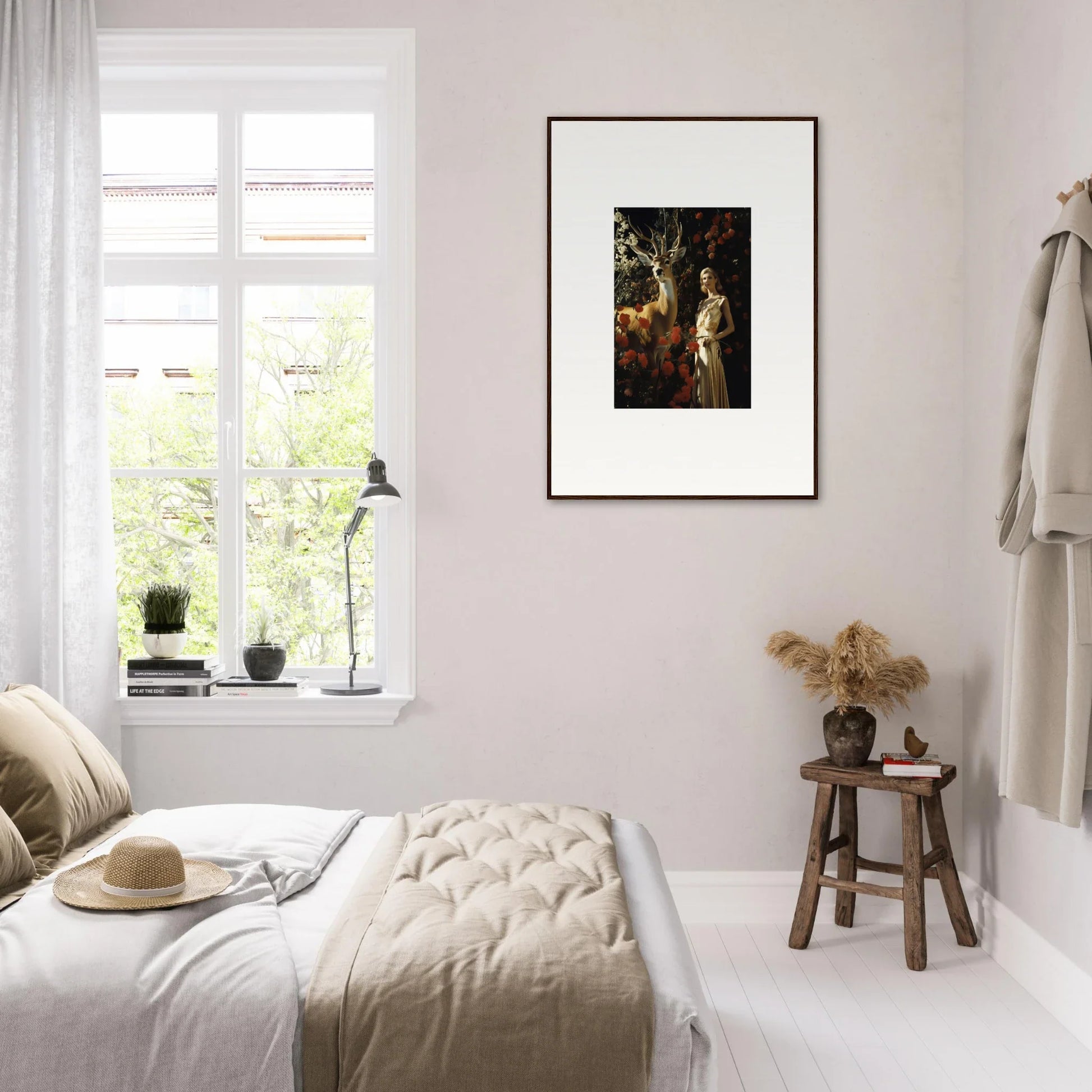 Cozy bedroom with neutral tones and a framed artwork on the wall.